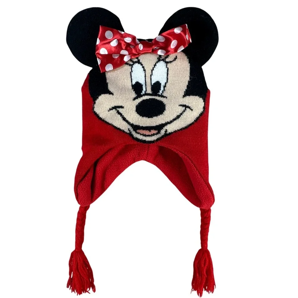 Disney Minnie Mouse Earflap Beanie Hat 3D Ears Polka Dot Bow Red Girls One Size